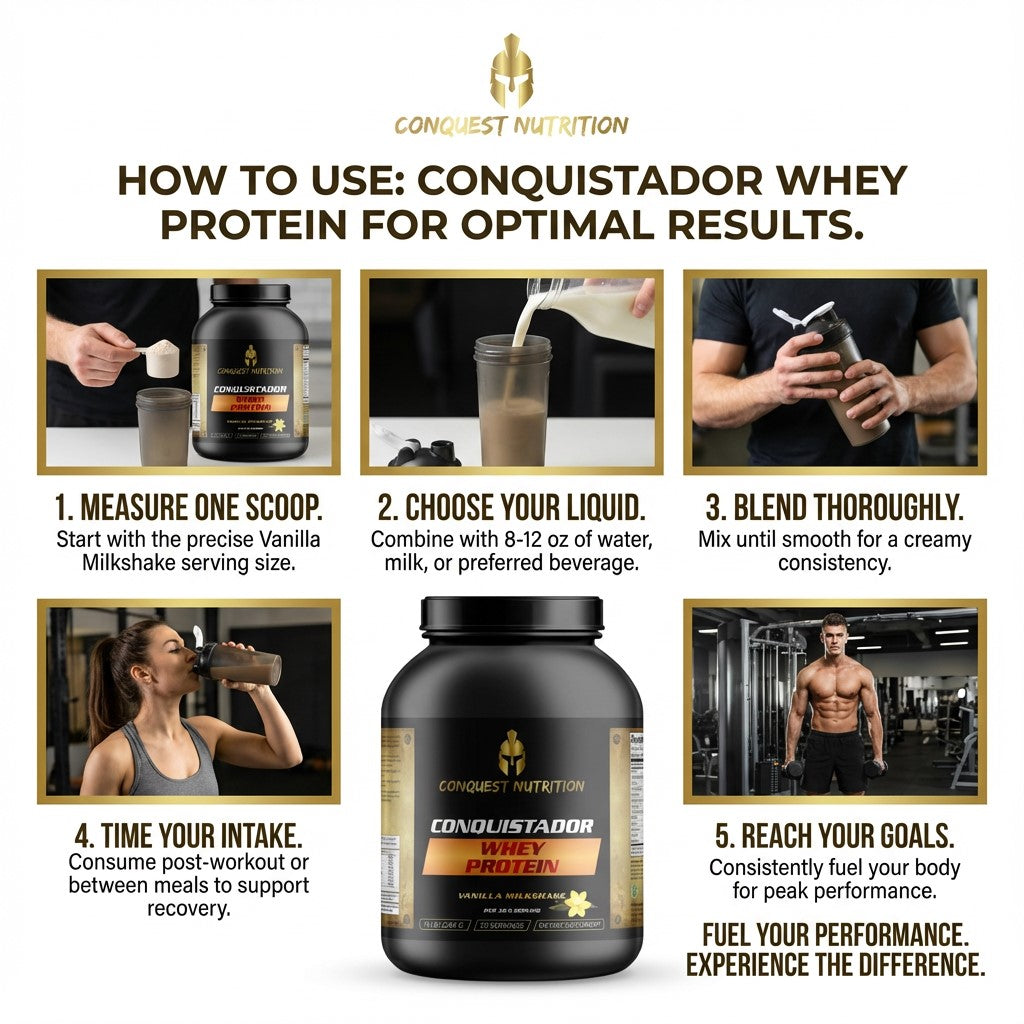 Conquest Nutrition Conquistador Whey Protein usage guide with steps and product display.