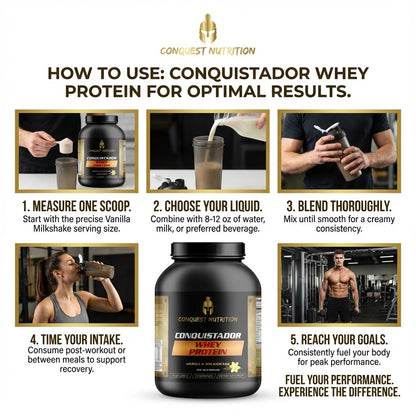Conquest Nutrition Conquistador Whey Protein usage guide with steps and product display.