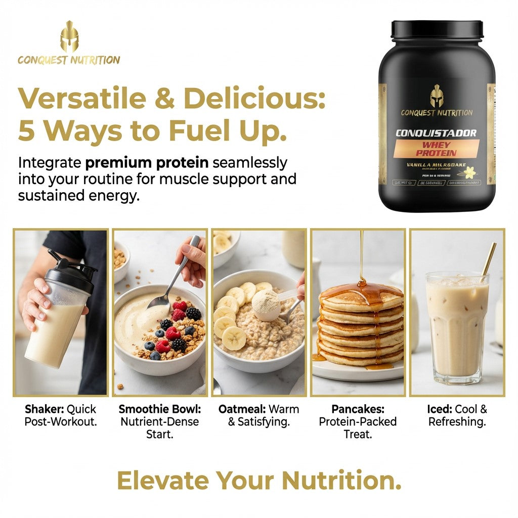 Conquistador Whey Protein container with images of protein intake methods and text on a white background.