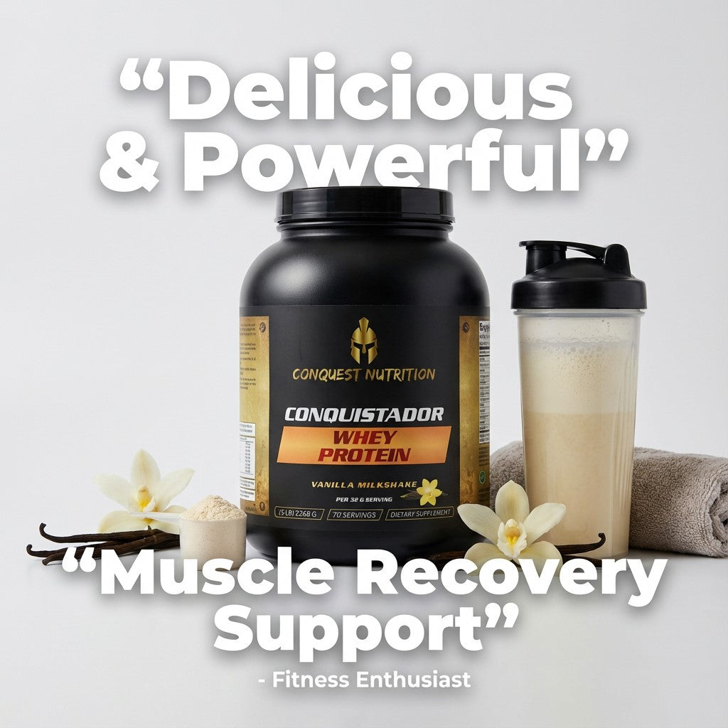 Conquistador Whey Protein container with a shaker and vanilla beans on a light background