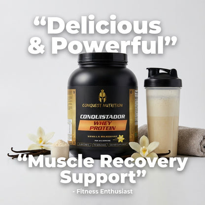 Conquistador Whey Protein container with a shaker and vanilla beans on a light background