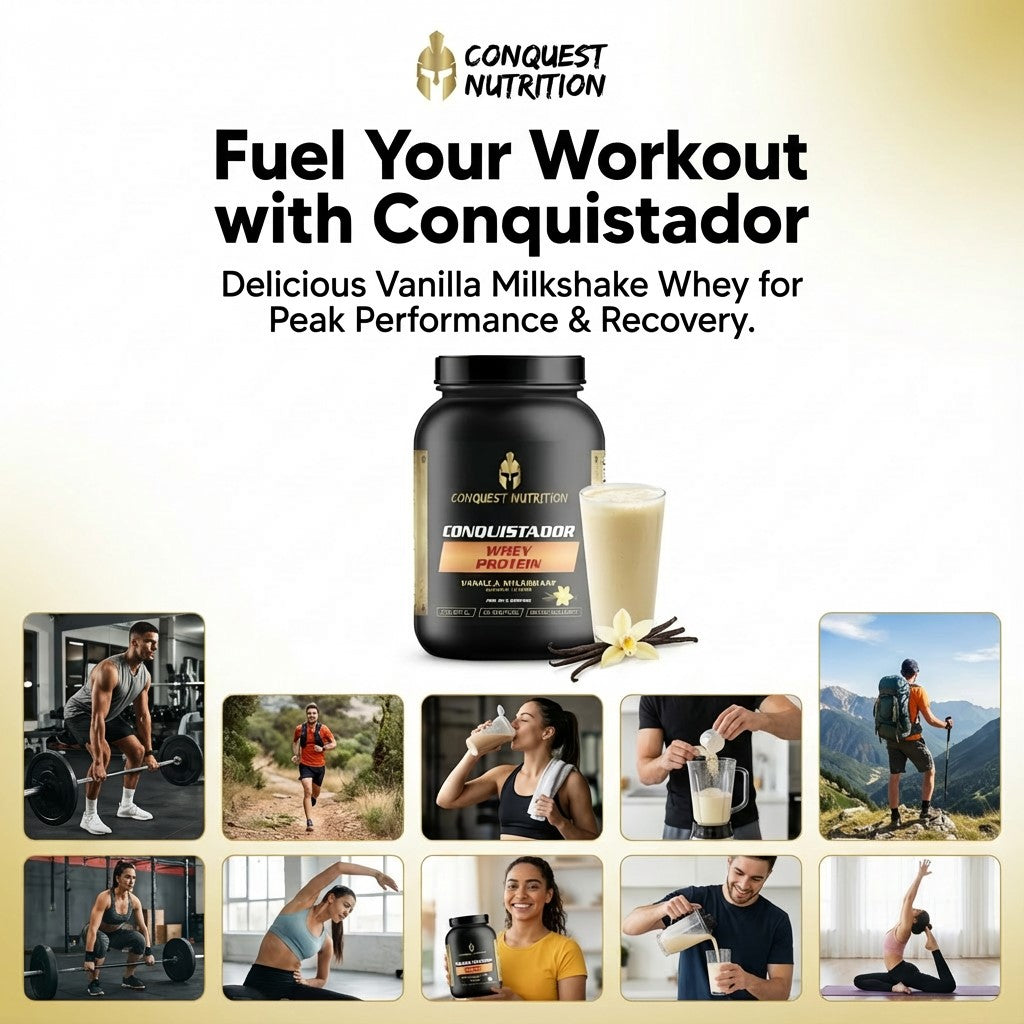 Advertisement for Conquest Nutrition Conquistador whey protein with lifestyle images of people exercising and recovery.