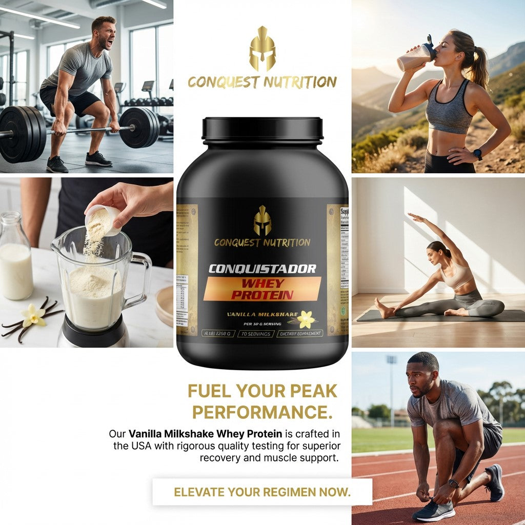 Promotional image for Conquest Nutrition Conquistador Whey Protein with lifestyle images and product packaging.