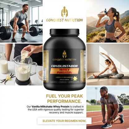 Promotional image for Conquest Nutrition Conquistador Whey Protein with lifestyle images and product packaging.