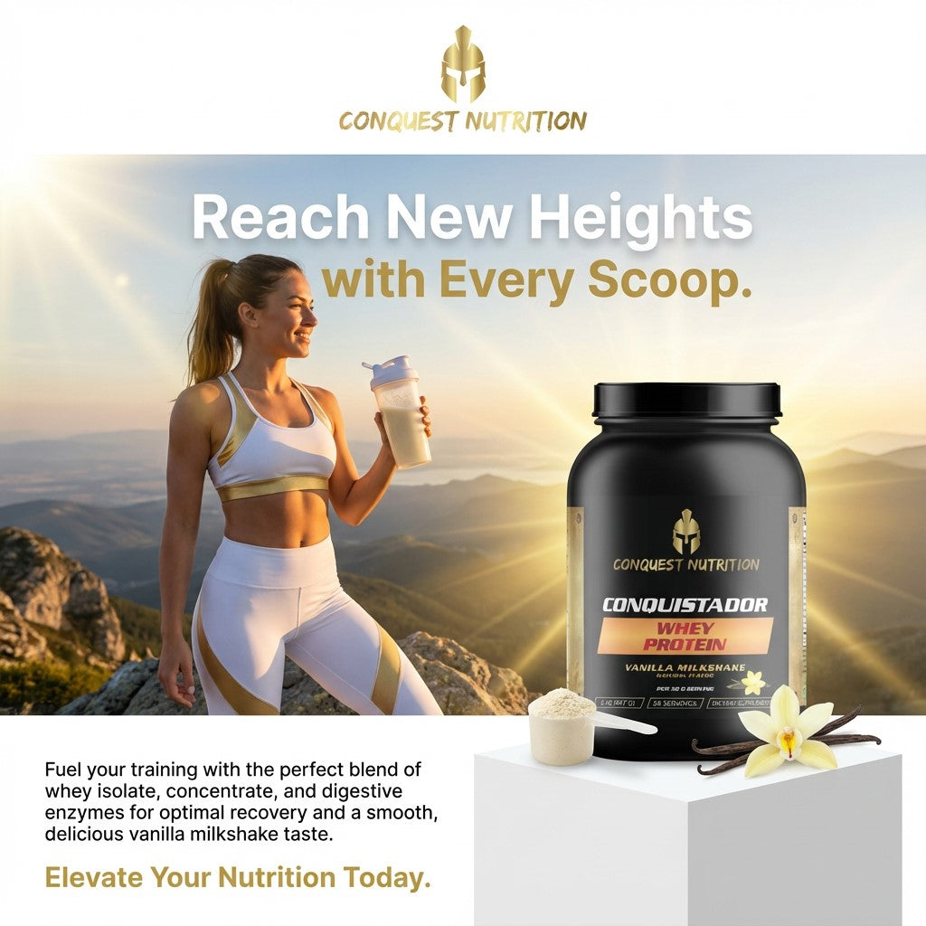 Advertisement for Conquest Nutrition whey protein with a woman holding a protein shake against a mountainous background.