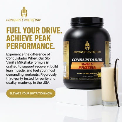 Conquest Nutrition Conquistador Whey Protein container with vanilla milkshake and vanilla bean on a white background