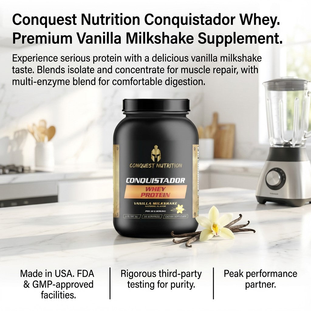Conquest Nutrition Conquistador Whey protein supplement on a kitchen counter with a blender in the background.