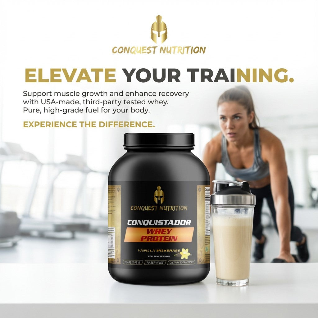 Conquest Nutrition Conquistador Whey Protein with a woman exercising in the background