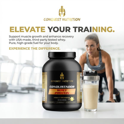 Conquest Nutrition Conquistador Whey Protein with a woman exercising in the background
