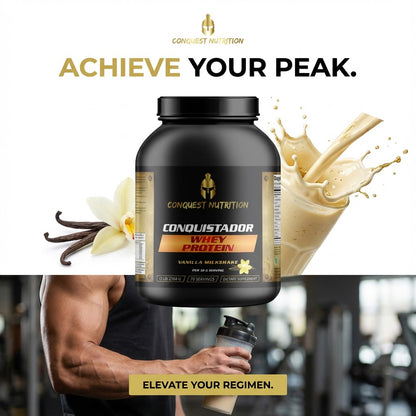 Conquest Nutrition Conquistador Whey Protein container with vanilla bean, protein shake, and gym background.