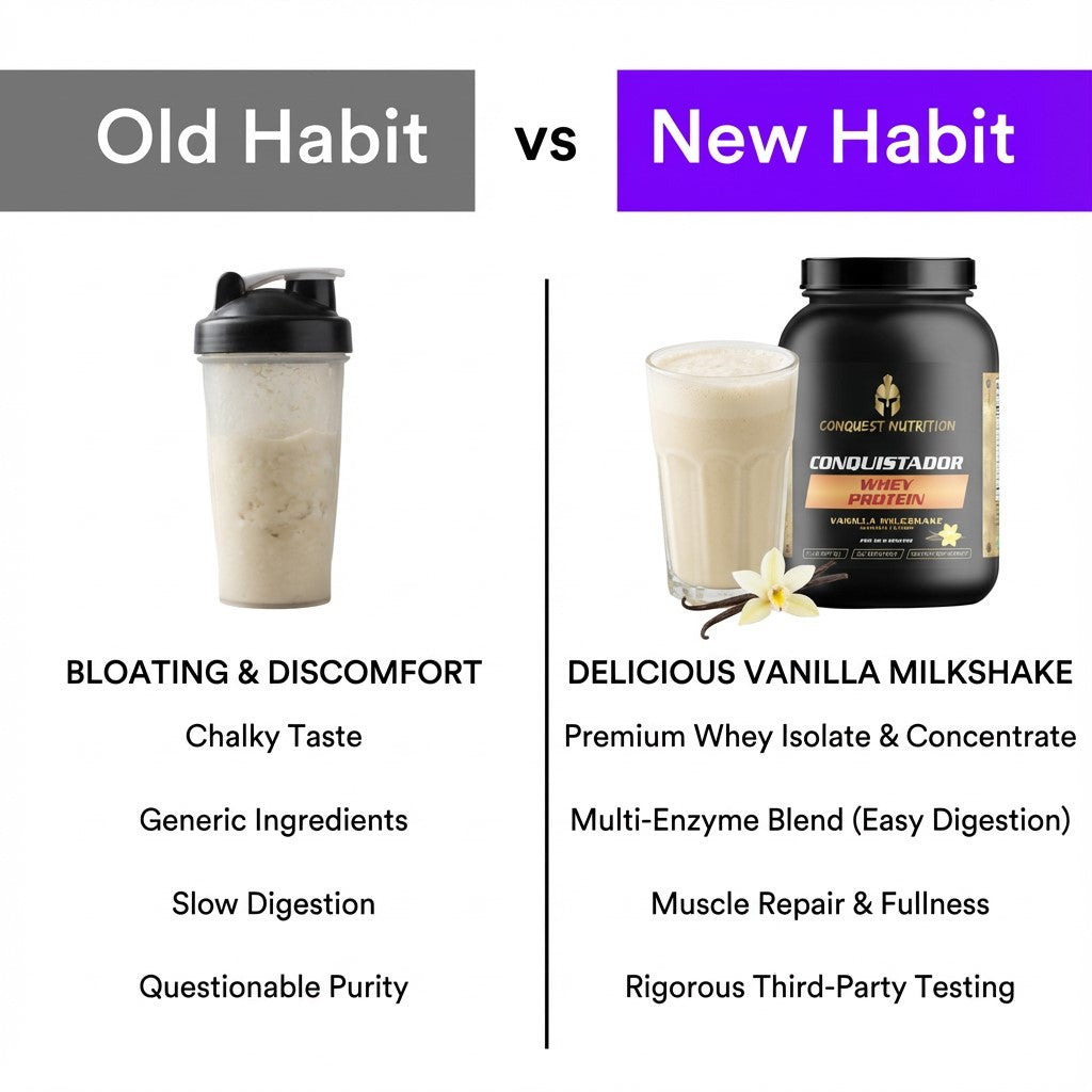 Comparison chart between 'Old Habit' and 'New Habit' protein products with text and images.