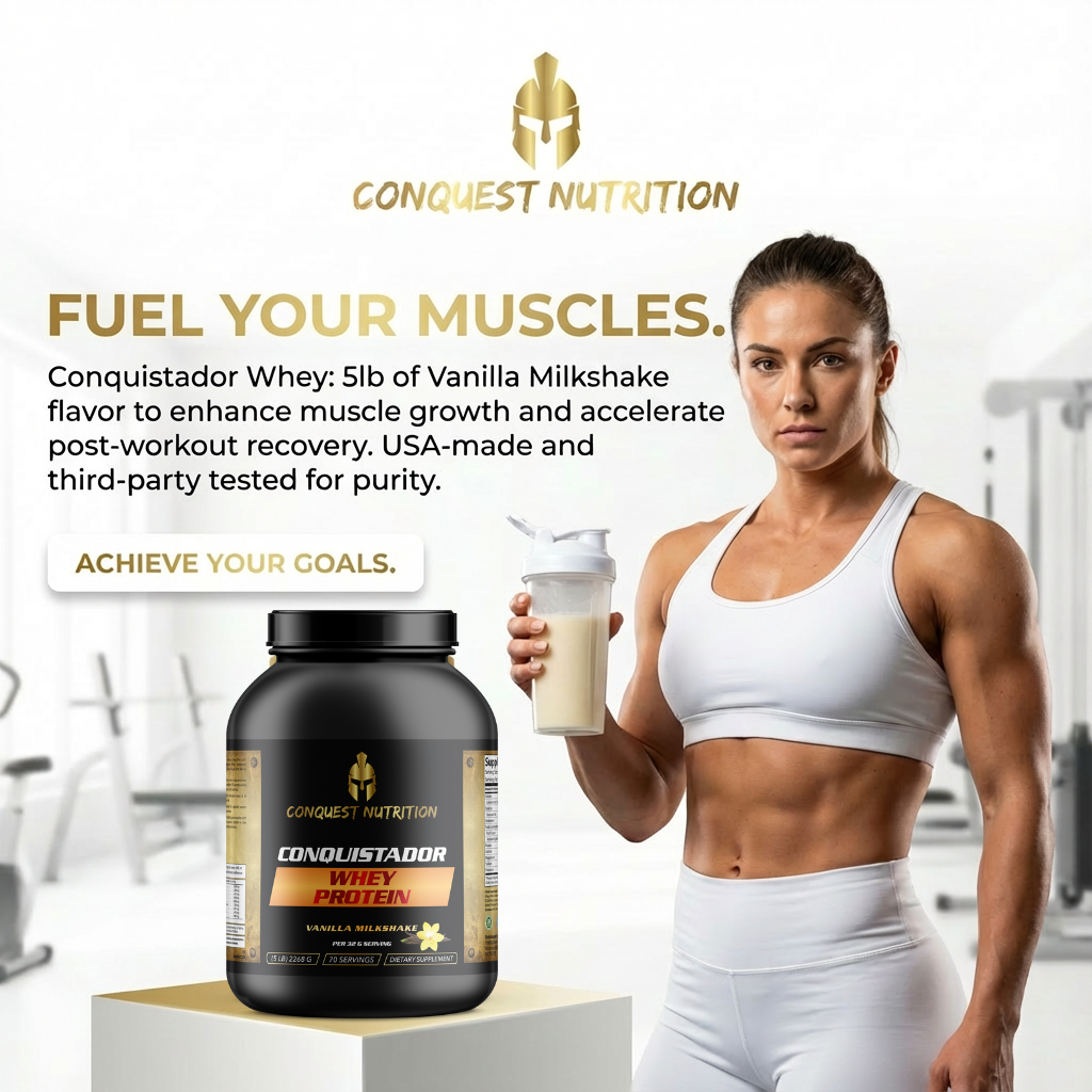 Woman holding a protein shake with Conquest Nutrition protein powder and supplement in the foreground.
