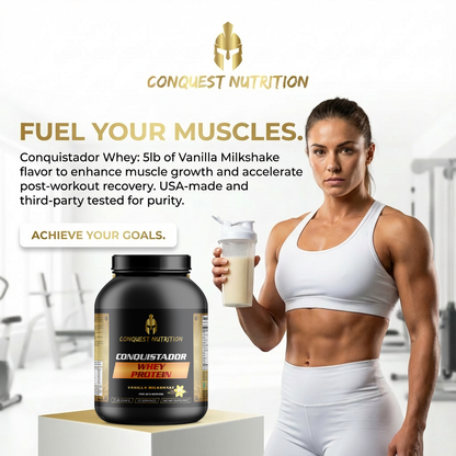 Woman holding a protein shake with Conquest Nutrition protein powder and supplement in the foreground.