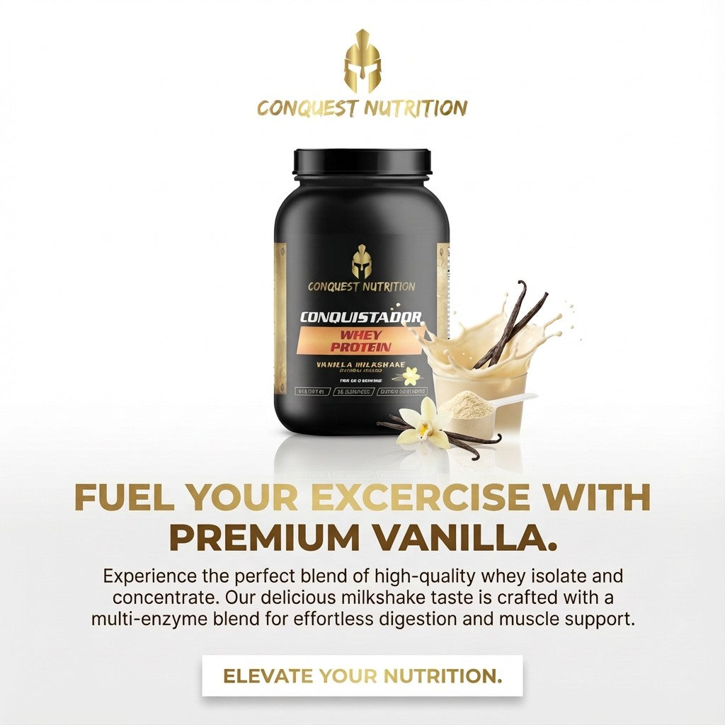 Conquest Nutrition whey protein container with vanilla flavor description on a white background