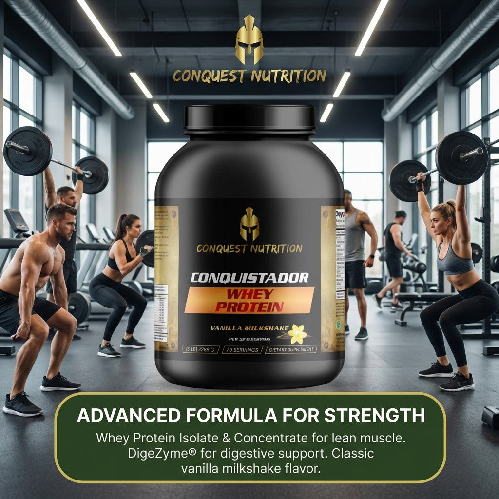 Conquest Nutrition Conquistador Whey Protein container with gym background