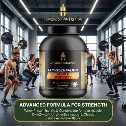 Conquest Nutrition Conquistador Whey Protein container with gym background