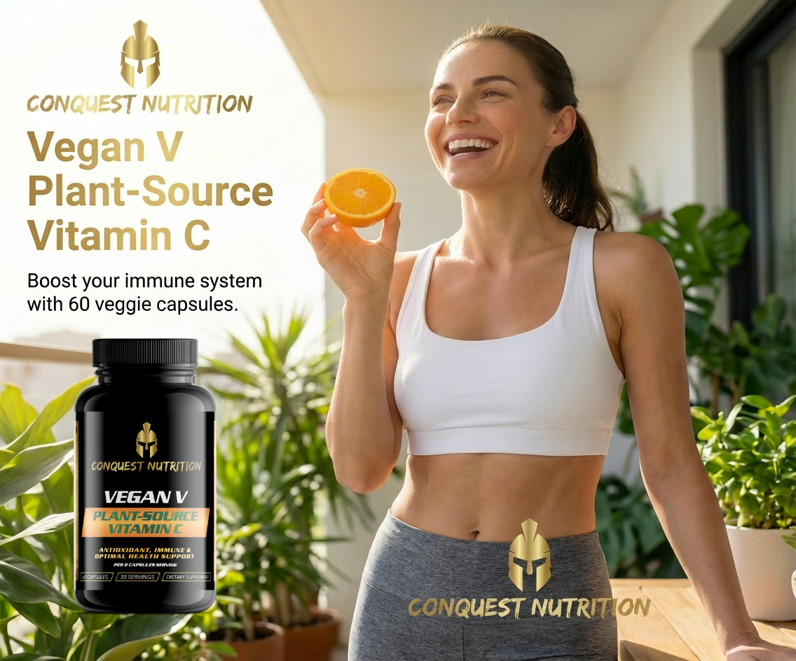 Woman holding an orange with a bottle of Conquest Nutrition Vegan V Plant-Source Vitamin C supplement.