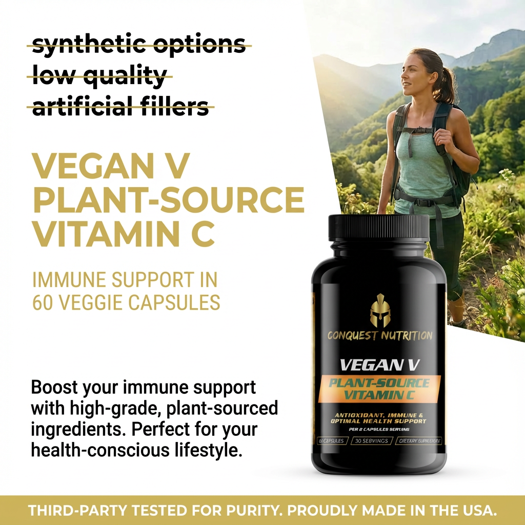 Vegan plant-source vitamin C supplement with a woman hiking in the background