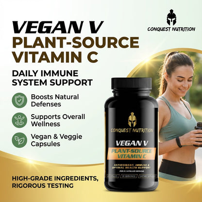 Conquest Nutrition Vegan V Plant-Source Vitamin C supplement bottle with a woman exercising outdoors.