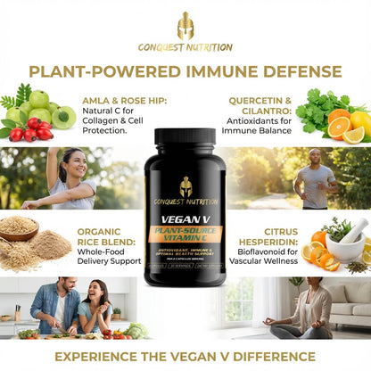 Conquest Nutrition Vegan V supplement bottle with health benefits and lifestyle images on a white background