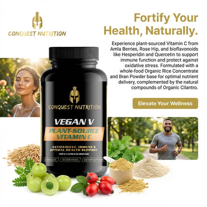Conquest Nutrition vegan vitamin supplement bottle with health benefits text and images of a woman, man, and natural ingredients.