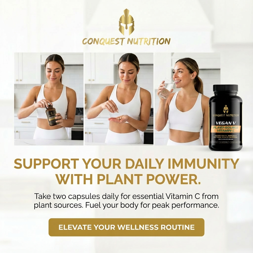Advertisement for Conquest Nutrition vegan vitamin supplement with a woman holding and drinking from the supplement bottle.