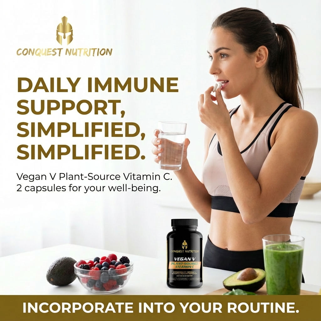 Woman holding a glass of water with Conquest Nutrition products and text about daily immune support.