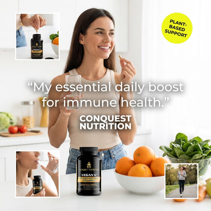 Woman holding a supplement bottle with text about immune health and plant-based support, surrounded by fruits and vegetables.