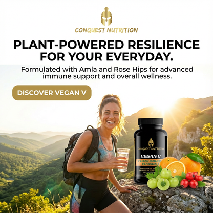 Woman hiking with a bottle of Conquest Nutrition supplements and fruits on a mountain backdrop.