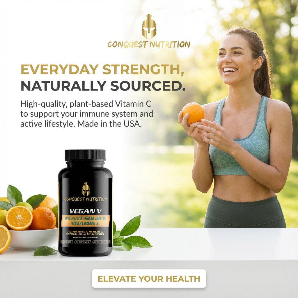 Advertisement for Conquest Nutrition vegan vitamin supplement with a woman holding oranges outdoors.