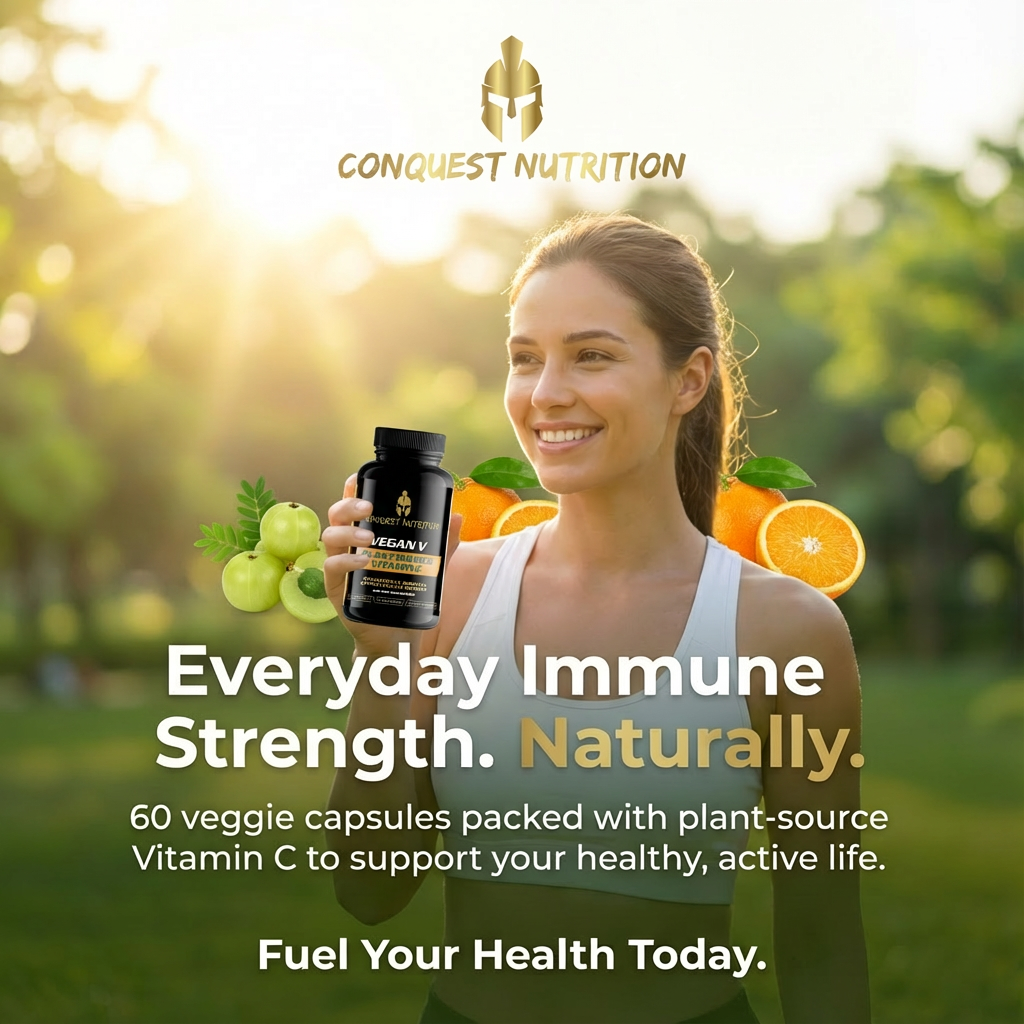 Woman holding a supplement bottle with 'Conquest Nutrition' branding, surrounded by fruits in a natural setting.