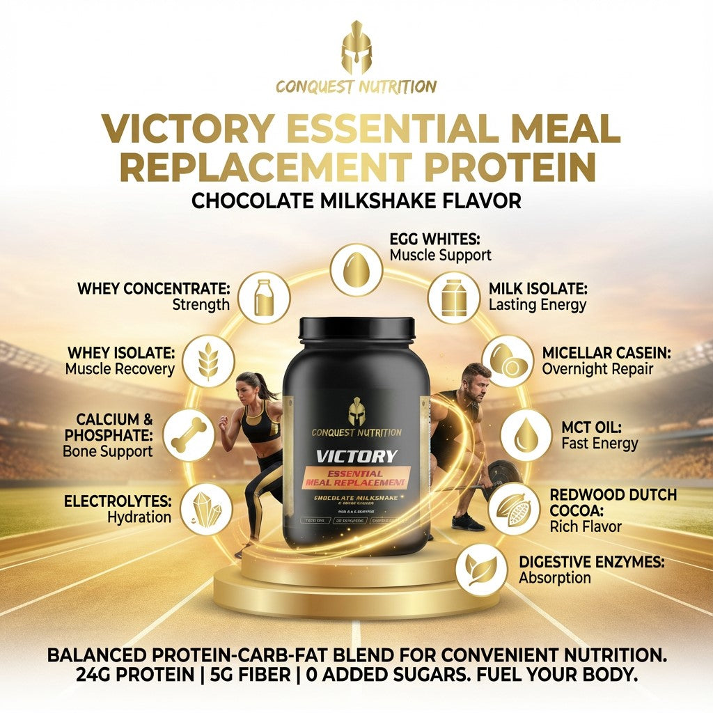 Conquest Nutrition Victory Essential Meal Replacement Protein with features and benefits on a white background
