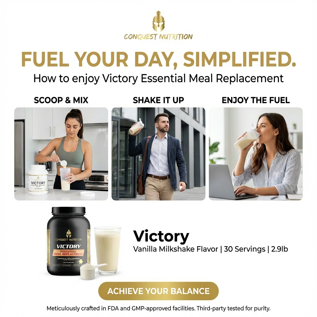Advertisement for Conquest Nutrition Victory meal replacement shake with steps to use it.