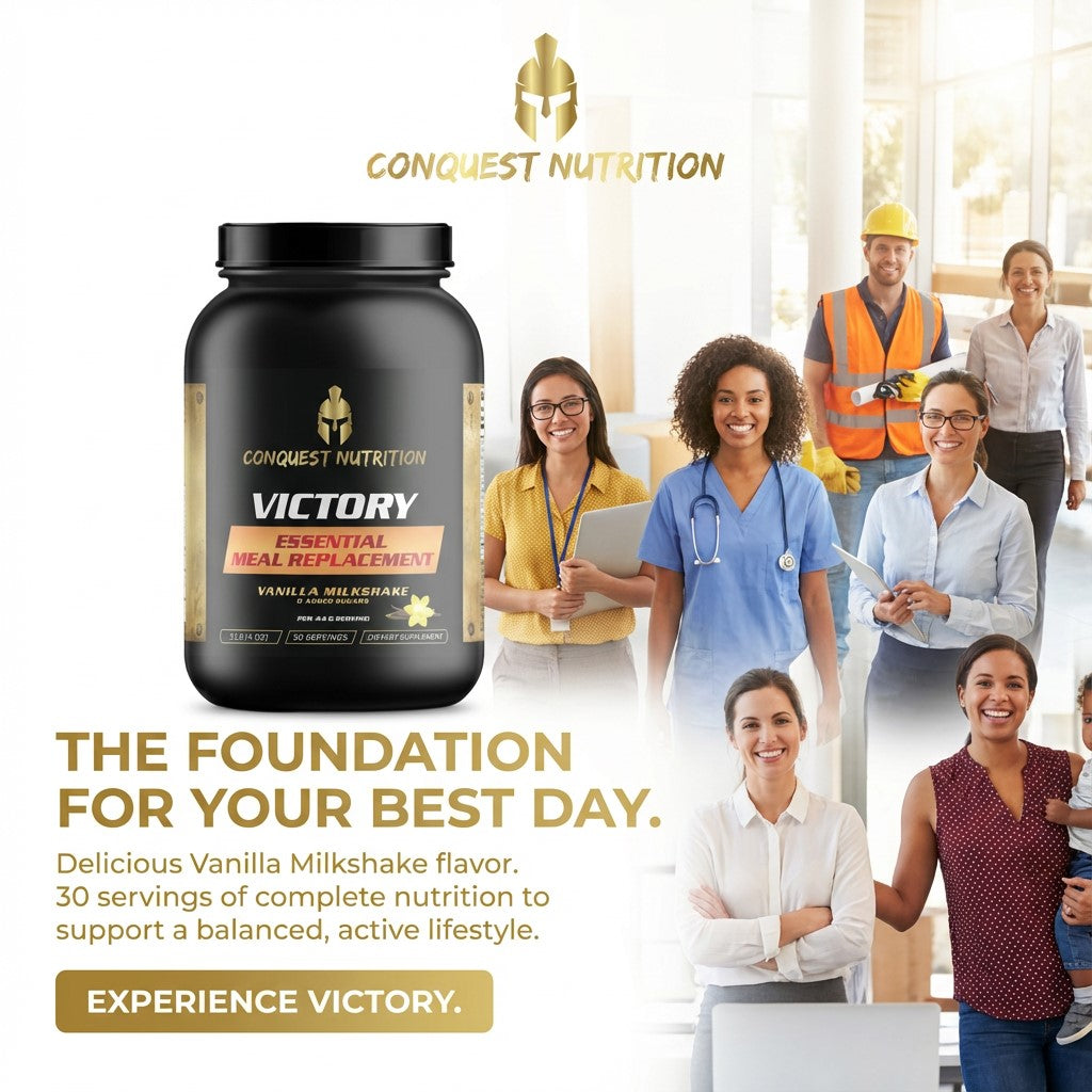 Conquest Nutrition Victory supplement container with people in various professions in the background