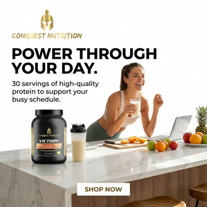 Advertisement for Conquest Nutrition protein products with a woman at a kitchen counter.