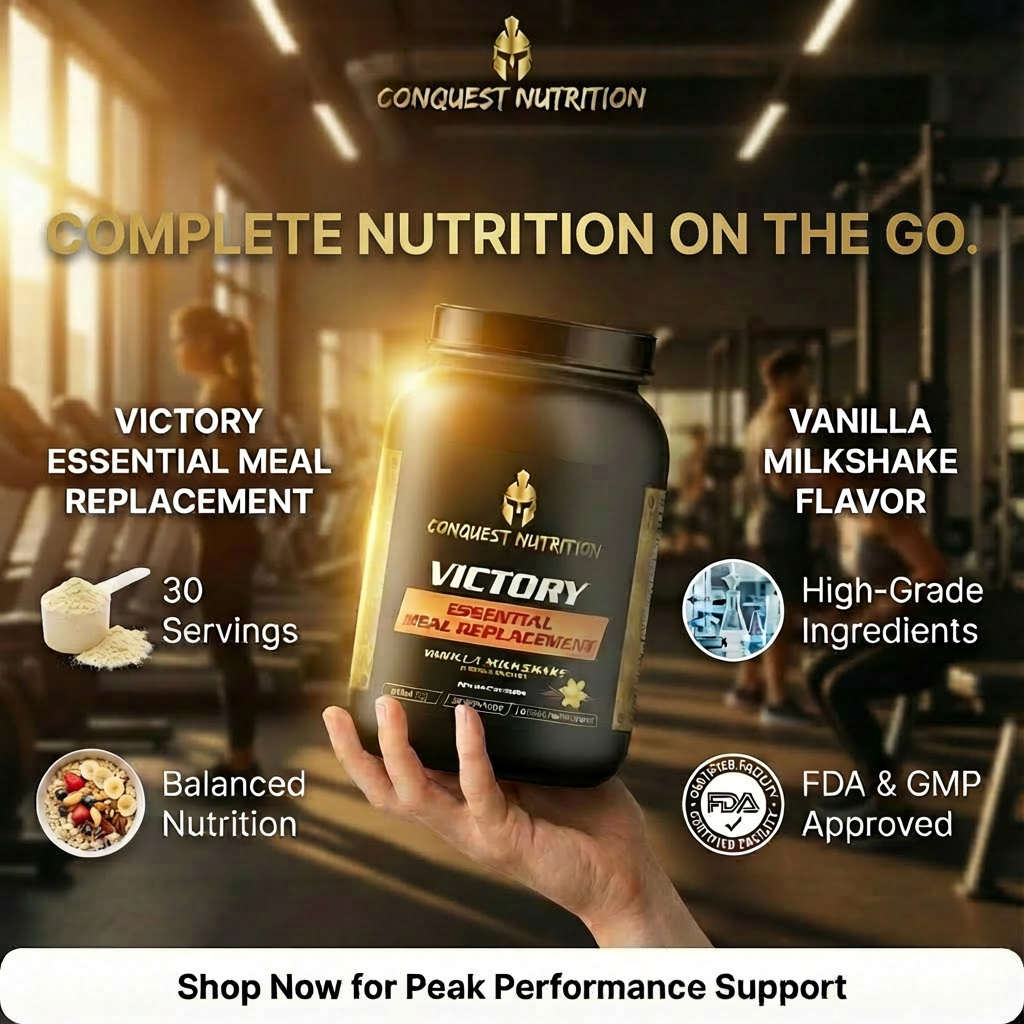 Conquest Nutrition Victory Essential Meal Replacement powder container with product details and gym background