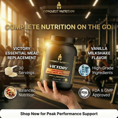 Conquest Nutrition Victory Essential Meal Replacement powder container with product details and gym background