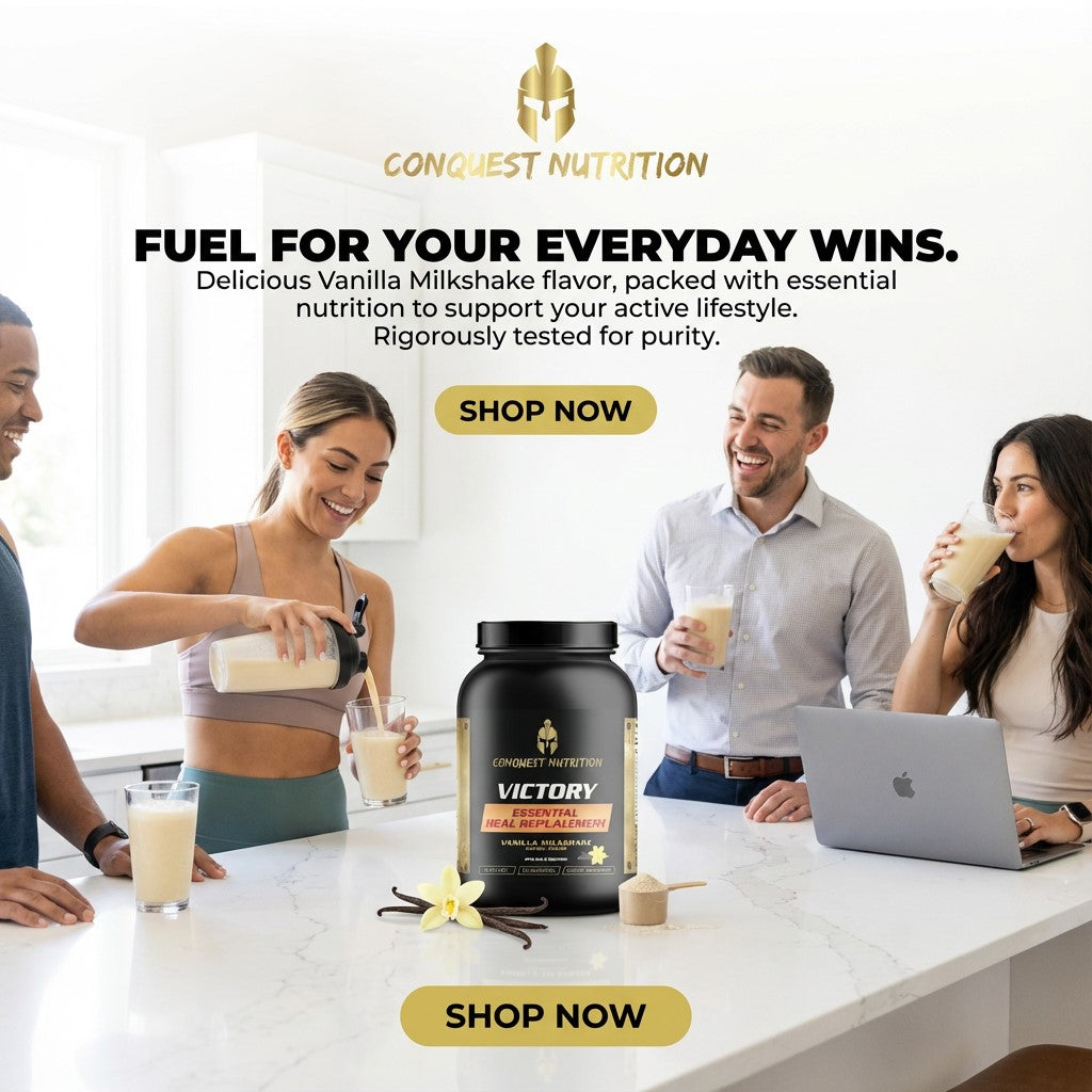 Advertisement for Conquest Nutrition protein powder with people enjoying a vanilla milkshake.
