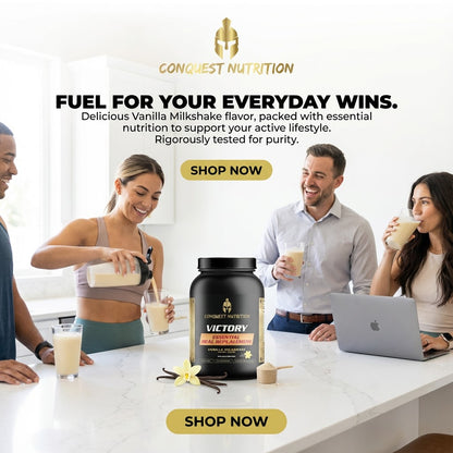 Advertisement for Conquest Nutrition protein powder with people enjoying a vanilla milkshake.