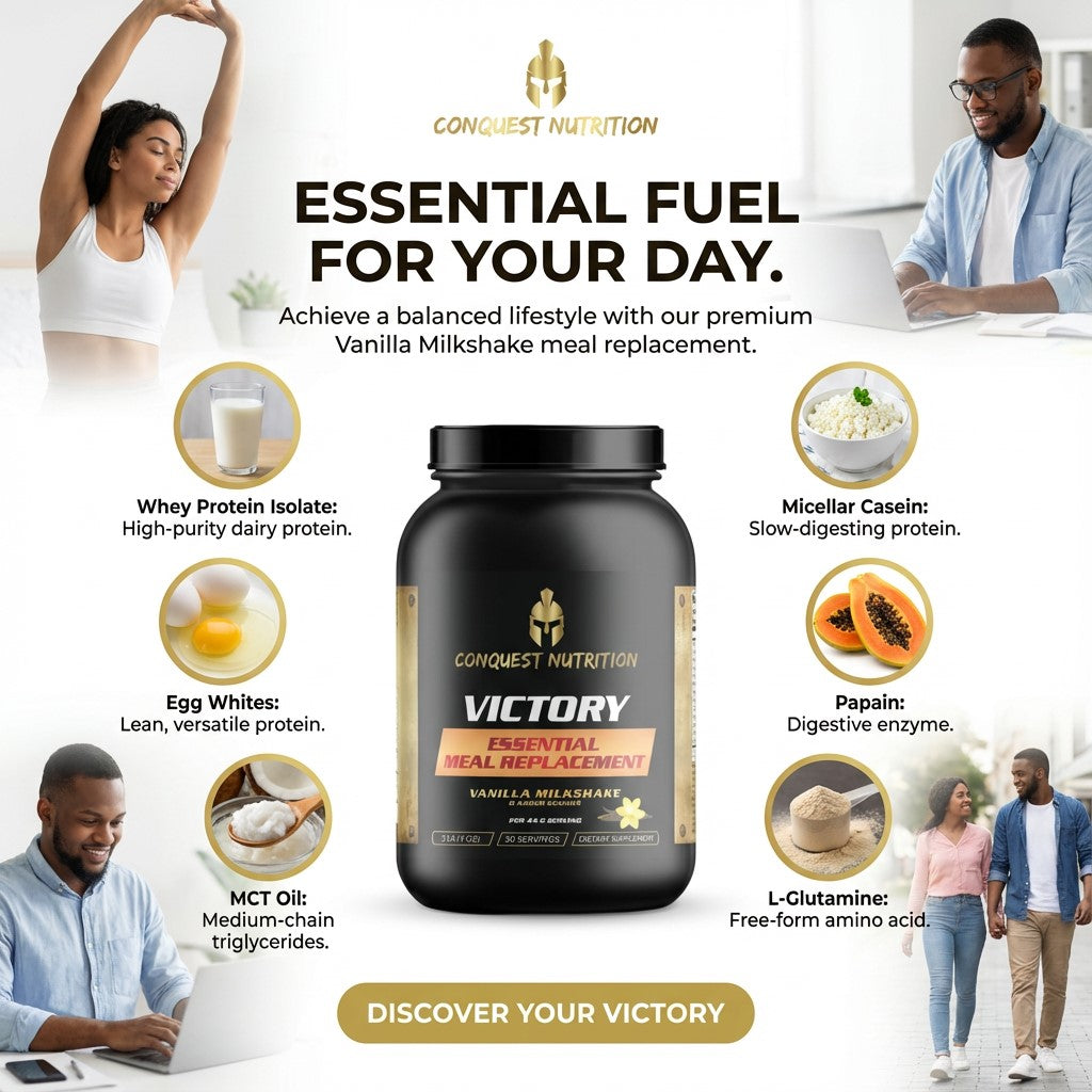 Advertisement for Conquest Nutrition Victory Vanilla Milkshake meal replacement with lifestyle images and product details.