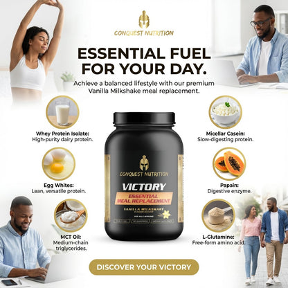 Advertisement for Conquest Nutrition Victory Vanilla Milkshake meal replacement with lifestyle images and product details.