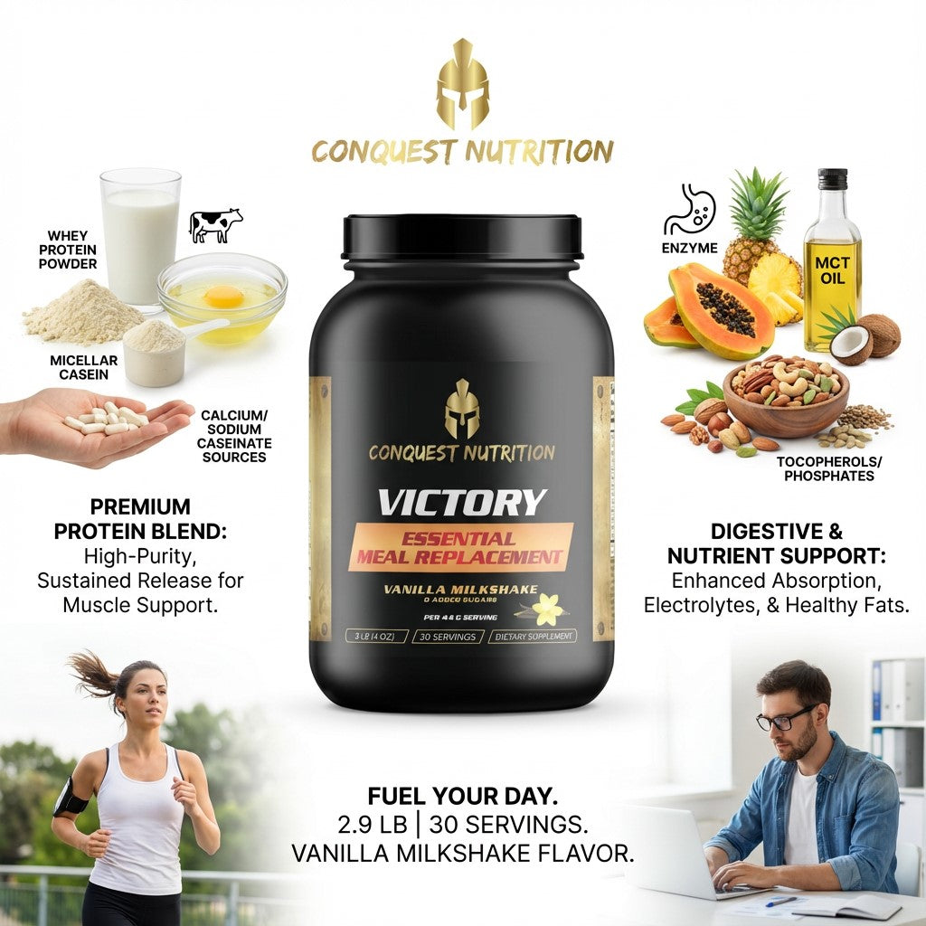 Conquest Nutrition Victory protein supplement with various product features and images of people using the product.