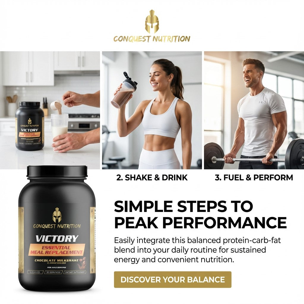 Promotional image for Conquest Nutrition Victory protein shake with lifestyle images and text on peak performance.