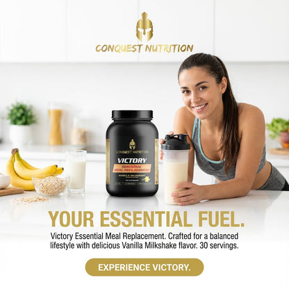 Woman holding a protein shake with Conquest Nutrition meal replacement powder in the foreground.