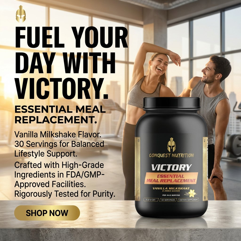 Advertisement for Conquest Nutrition Victory Essential Meal Replacement with a couple in a gym setting.