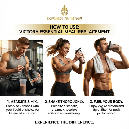 Instructional graphic for Conquest Nutrition Victory Essential Meal Replacement with three people using the product.