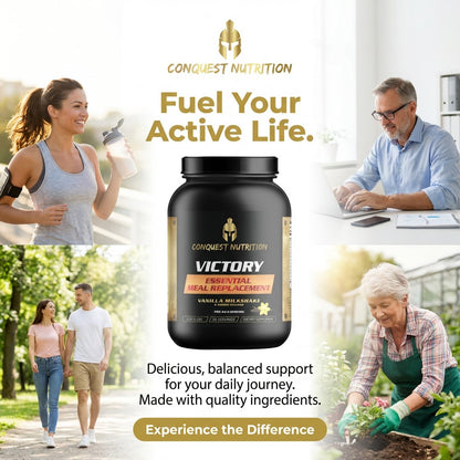 Conquest Nutrition Victory meal replacement supplement with lifestyle images of people exercising and working.