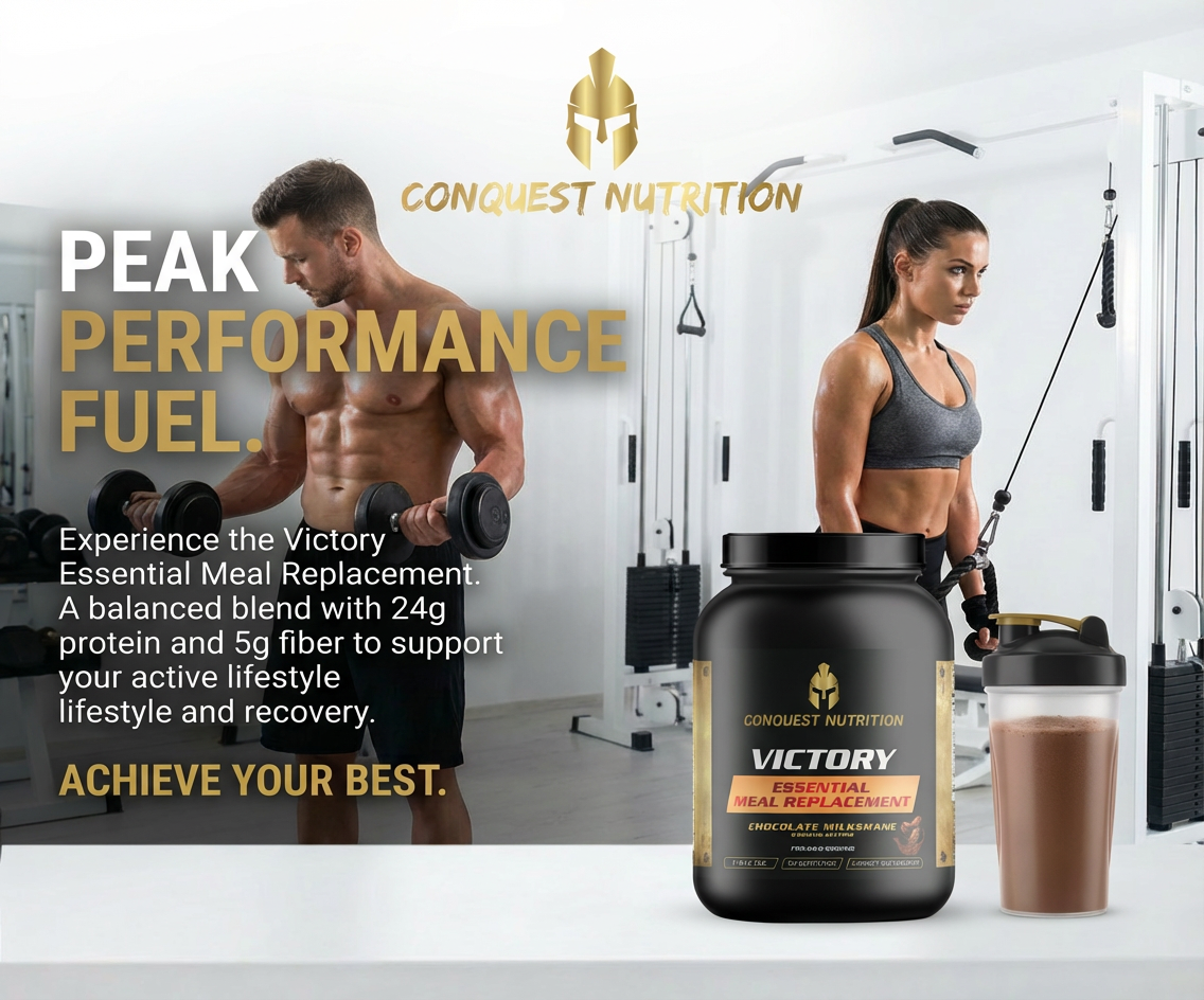 Conquest Nutrition Victory Essential Meal Replacement with a gym setting in the background