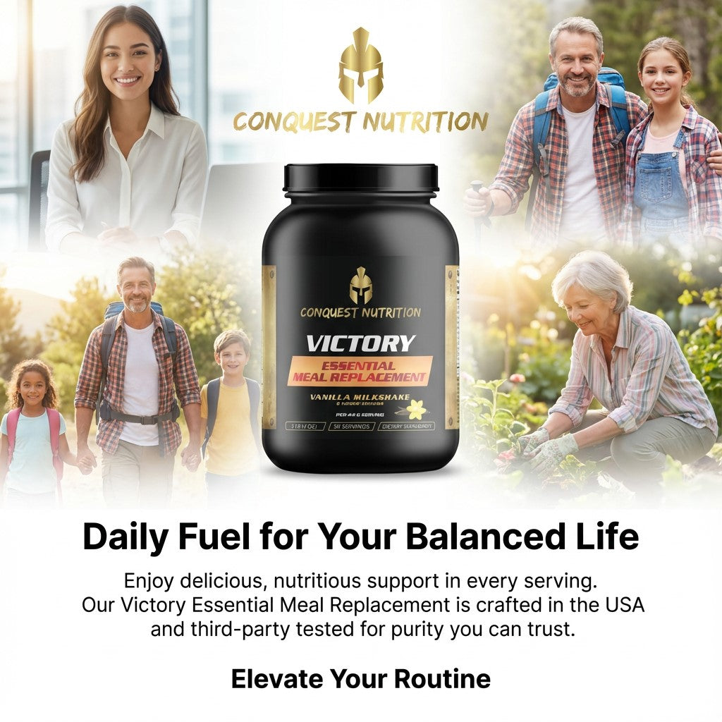 Conquest Nutrition Victory Essential Meal Replacement container with lifestyle images of a family in the background.