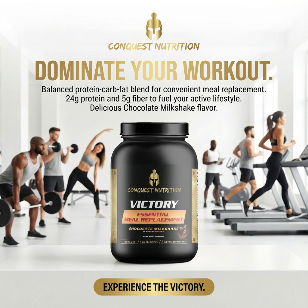 Conquest Nutrition Victory Essential Meal Replacement powder with people exercising in the background
